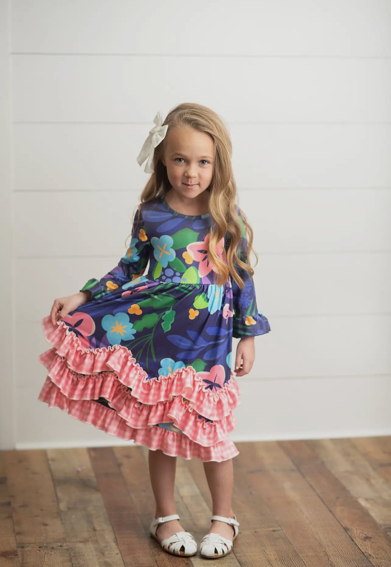 Blue Floral & Pink Gingham Ruffle Dress