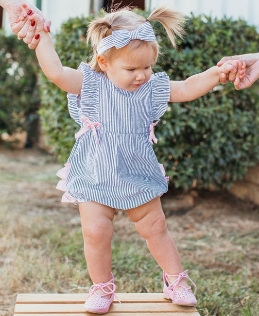 Blue Seersucker Ruffle Romper