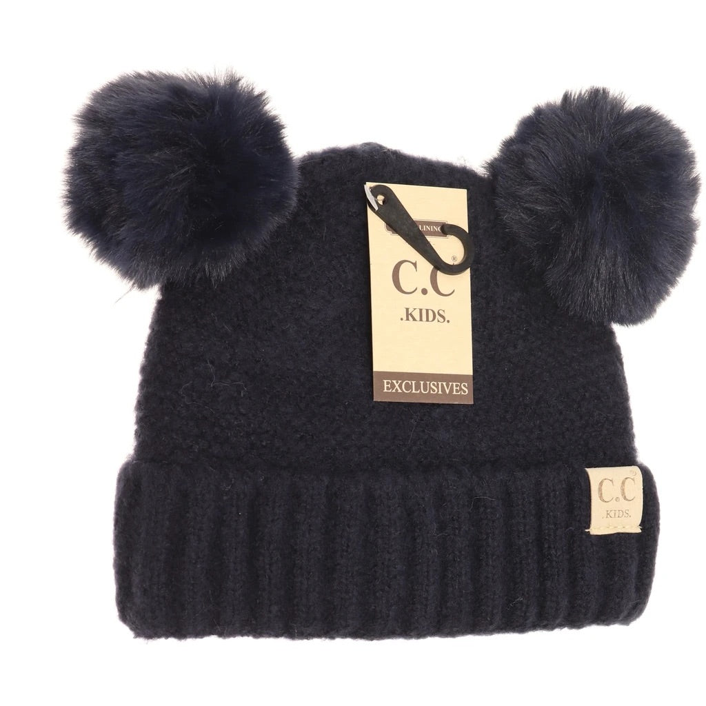C.C Beanie: Kids Double Fur Pom Navy