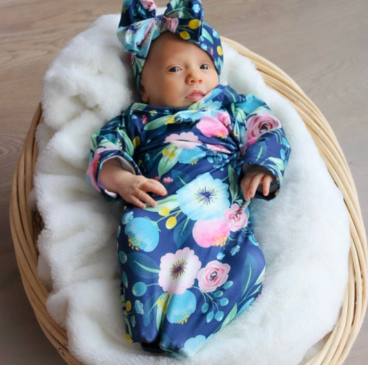 Navy Floral Gown & Hat set