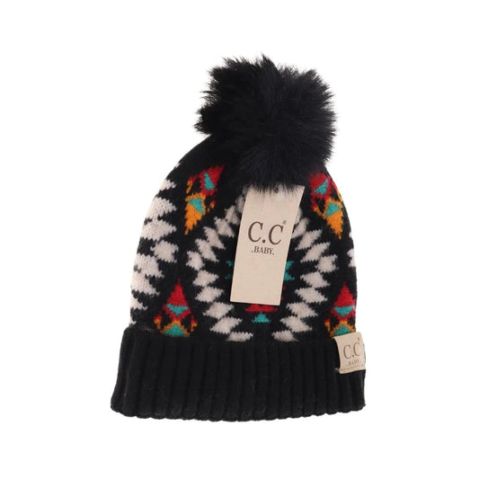 BABY Aztec Patterned Faux Fur Pom C.C Beanie