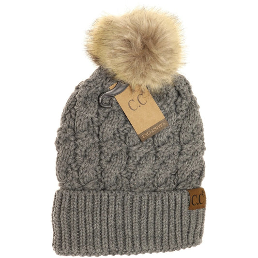 C.C Beanie: Adult Cable Knit Faux Fur Pom Grey