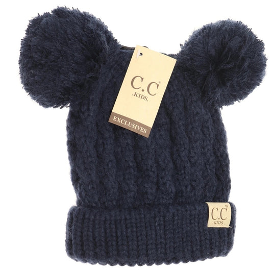 C.C Beanie: Kids Solid Double Pom Navy