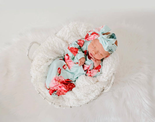 Teal Rose Infant Gown & Headband set
