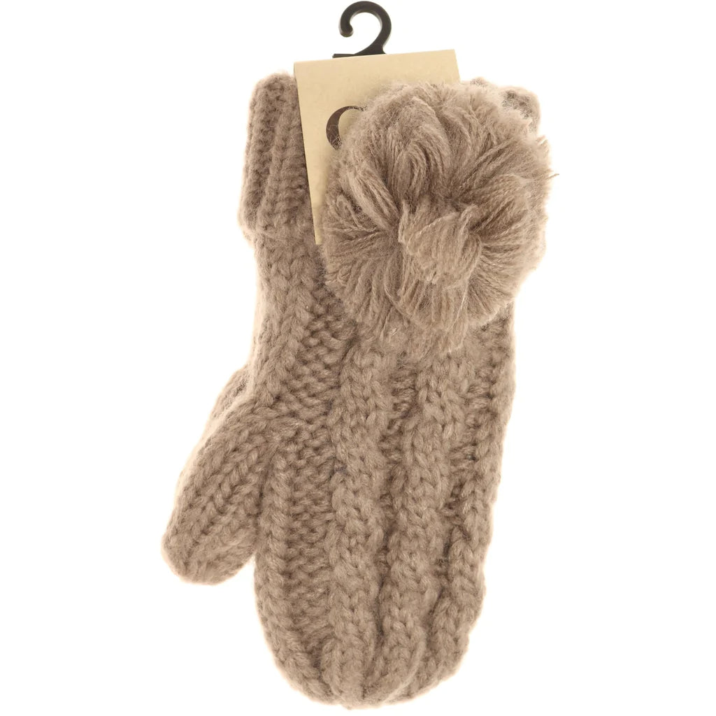 KIDS C.C Solid Pom Fuzzy Lined Mittens: Taupe