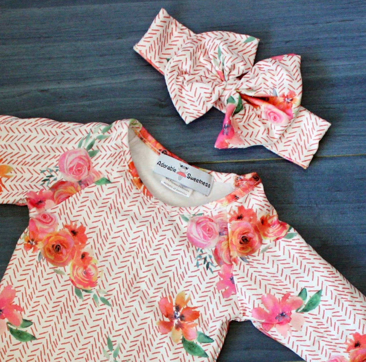 Peach & Rose Baby gown/Headband set